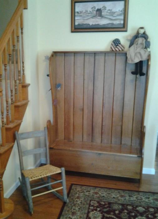 Child's Rocking Chair, Folk Art, and Hall Bench with Storage