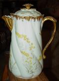 c. 1891-1914 A. Laternier Limoges Chocolate Pot, 10" Tall, green porcelain anchor mark