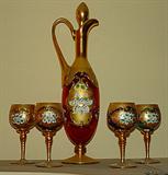 Victorian 7pc Decanter Set, Bohemian, Enamel Paint, Gold Gilt, Colored Glass: Cranberry & Amethyst