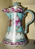 Antique Nippon Chocolate Pot, unmarked, floral, beaded, 8" Tall