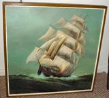 Spectacular Oil on Canvas,
Ship Scene, Signed