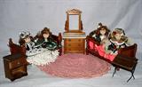 Collection of Vintage Wood Doll Furniture and Miniature Porcelain Dolls