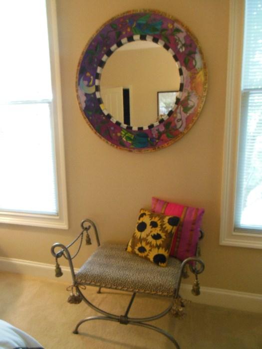 round large mirror hand painted ,  bench