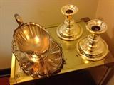 Silverplate Sauce Boat with Tray, Silverplate Candle Holders