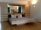 "Contemporary 80's" Whitewashed Ash Platform Bed, Tall Wardrobes, Light Bridge, Long Dresser, Dresser & Mirror Suite