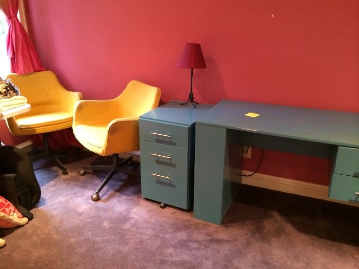 Modern desk and file cabinet, pair modern chairs 