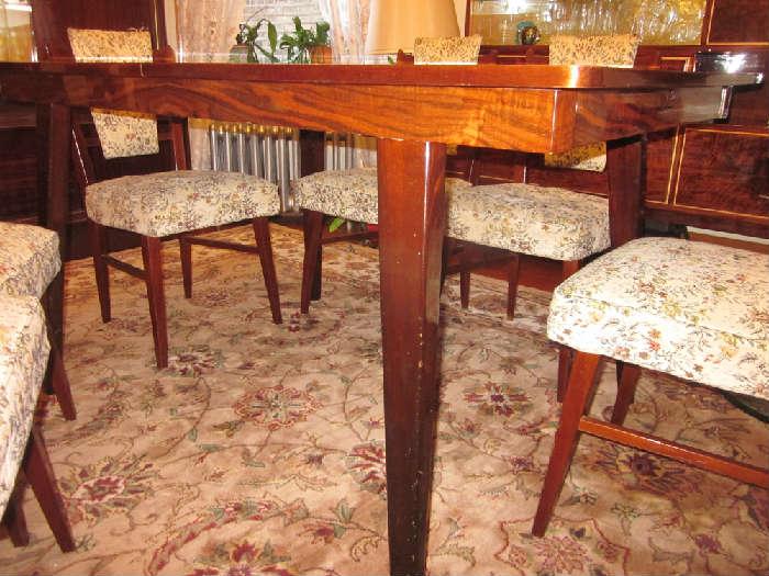 Vintage Danish Modern or European dining room set, solid wood, high glass lacquer with 6 chairs.