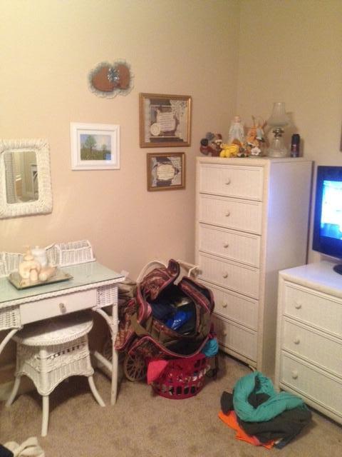 antique wicker desk, rétro desk, chest, one of the samsung LCD tvs