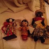 JAPANESE TASSELL DOLL; japanese doll on stand Chinese head dress doll, Jamaican doll