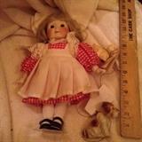 Precious doll in gingham dress with pinafore and china dog