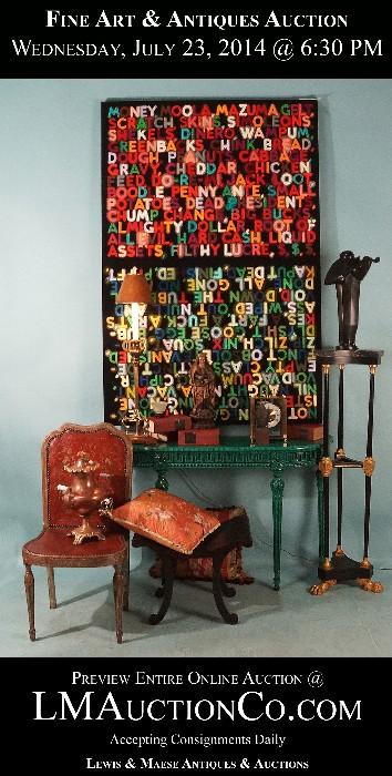Key Words:
Table, Chair, Lamp, desk, sculpture, art, silver, frame, bronze, antique, oil on canvas, painting, nightstand, bed, cabinet, stand, Chinese, Dresser, coffee table, mirror, chandelier, figure, ceramic, China, glass, wood, rug.
