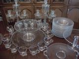 Candlewick punch bowl w/underplate, cups, cake pedestal, dinner plates, handled plate