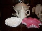 Red Cliff ironstone tureen, teapot, Fenton bowl, milkglass bowl