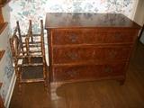 English three drawer burl walnut chest and bamboo magazine rack