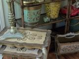 Florentine tables, magazine rack, & trash cans