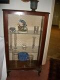 Small curio cabinet w/brocade back, glass door & sides