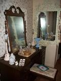 Large white frame mirror, vanity dresser & vanity bench