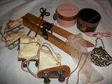 Madame Alexander doll hat boxes, doll snow skiis & poles, doll ice & roller skates, doll pearls, doll stockings, doll purse, & doll glasses