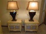 Vintage Mt. Airy Night stands and pair of brass with ceramic lamps.