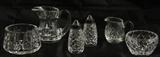 Waterford Gift-ware Large Open Sugar & Creamer, Pitcher, "Glandore" Salt & Pepper Shakers w/ESPN Silver Tops, Small "Lismore" Sugar & Creamer