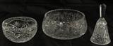 Cut Crystal Bowl (6"W x 3"D), Fine Cut Crystal Flat Bottom Bowl (8"W x 3.5"D) and Cut Crystal Bell