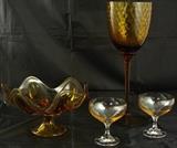 Amber 14.5" Art Glass Compote, Amber Art Glass 10" x 5.5" Pedestal Fruit Bowl & 2 Amber Bowl Crystal Low Sherbets