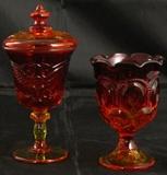 Amberina L.E. Smith Glass "American Eagle & Stars" Goblet with Lid, Amberina L. E. Smith Glass "Moon & Stars" Scollop Edged Goblet and Amberina Indiana Glass Open Sugar Bowl