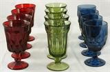 Noritake "Perspective" Ruby Red Goblets (4 of 11 shown), Libbey Rock Sharpe "Gibraltar" Olive Green Goblets (4 of 10 shown) & Viking "Georgian" Blue Gray Goblets (4 of 8 shown)