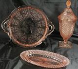 Depression Pink Jeanette Glass "Cherry Blossom" Handled Tray (1930-1939),  "Miss America" Covered Pedestal Compote & "Miss America" 10.5" Tray (1935-1938)