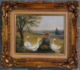 Original Oil on Canvas (8" x 10") by V. North Linen Mated Ornate Gold Leaf Frame