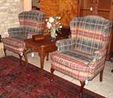 Lexington Queen Anne Winged Back Plaid Upholstered Chairs (2 ea.) with Ethan Allen Oak Queen Anne Style Single Drawer End Table