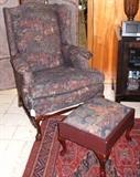 Queen Anne Hunting Scene Upholstered Winged Back Chair with Ottoman