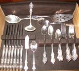 International Deep Silver flatware service for 8 with Butter Knife, Sugar Spoon, Casserole Spoon,  Slotted Serving Spoon, Gravy Ladle and Pastry Server