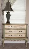 Sage Green & Ivory Gold, Florentine Trim  3-Drawer Chest with Stenciled Roses on Drawers and side panels, Raised on Slender Cabriolet Legs
