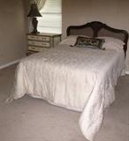 Queen Cain Headboard, Sealy Posterpedic Pillow Top (Like New) Blue Brocade Mattress Set; Featuring a Croscill Ecru Brocade Bedding Set including Dust Ruffle, Comforter Spread and 2 Pillow Shams and Several Sage Green Decorative Throw Pillows (not shown) 