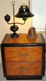 Burl Paneled 2-Drawer Night Stand with Solid Brass Oriental Style Drawer Pulls (1 of 2); Shown with a 1960-70's Federal Style Black Metal Desk Lamp and Liberty Bell Bookends