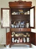 Interior of Antique Cupboard showing Blue & White Marshall Pottery and Pfaltzgraff "Folk Art" Dinnerware