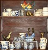 Marshall Pottery Hand-Painted Pottery shown with Solid Brass Standing Chicken and Candlesticks