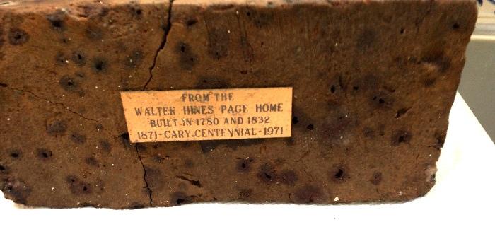 Walter Hines Page brick from Cary Centennial 1971 (Brick is 1780/1832 era)