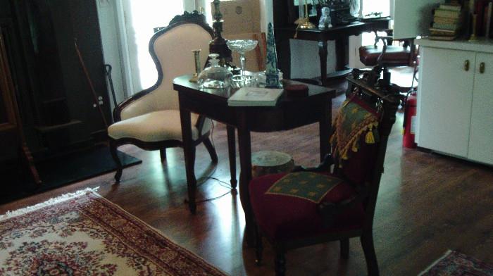 Victorian chair, flip-top side table, and unusual needlepoint East Lake chair!