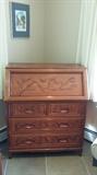 Wooden Secretary Desk with carved Oriental theme