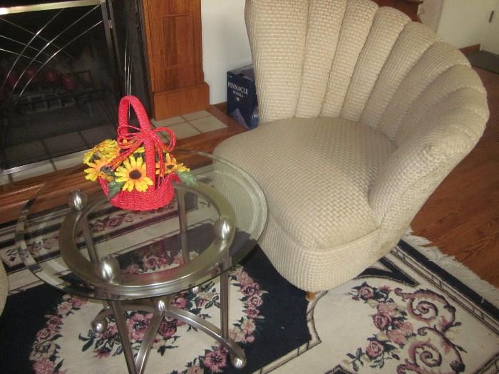 Fan back chair, matching pair, glass and chrome  table