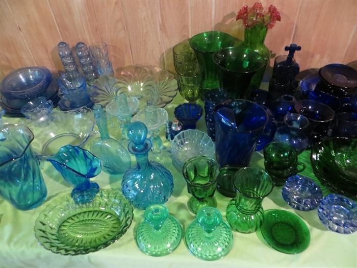 Green and blue depression glass
