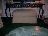 Sofa table and fabric covered ottoman which matches a loveseat