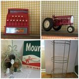 Antique toys, tin sign, glass stand, wine rack,