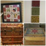 trunk, boxes, baskets, artwork