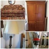 Floral sofa (like new), lamps, TV armoire/closet, Pizza hut pitcher