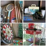Camping, wooden tennis rackets, red metal butler, fishing pole, dart board, cheese box, full tackle box, ice skates