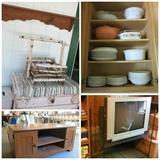 Birch log holder, tv & stand, coffee table, end tables, trunk, wall shelf