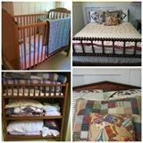 Jenny Lind style headboard & footboard, crib, & changing table, bedding included
